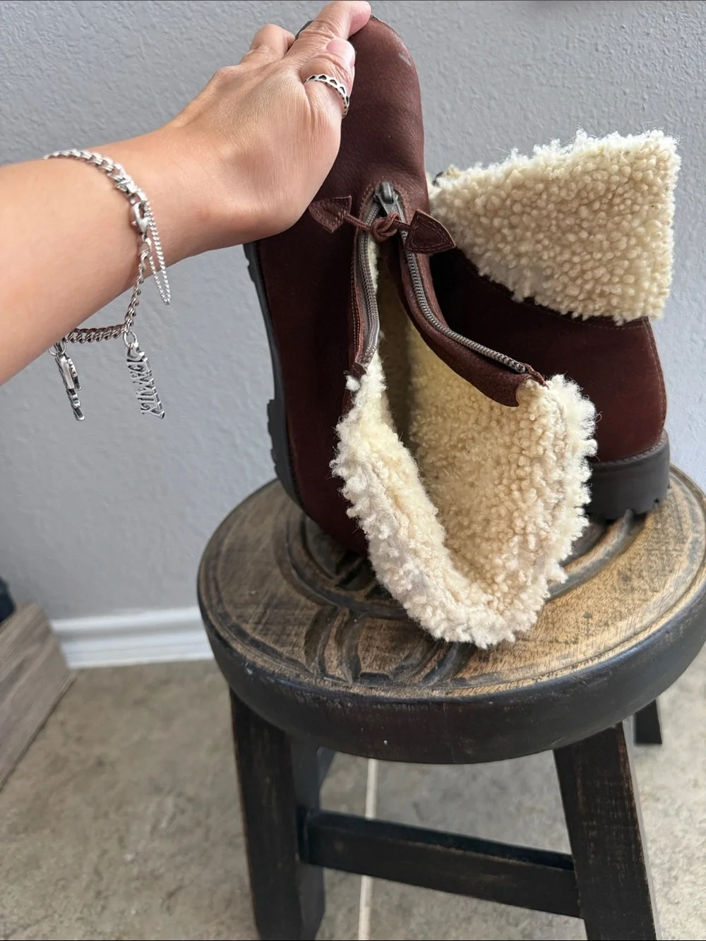 Cole Haan Chestnut Brown Faux-Shearling Zip Ankle Boots